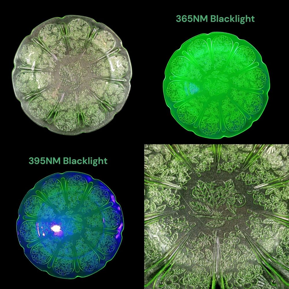 Vintage Uranium Glass Jeannette Cherry Blossom Round Dinner Plate Green UV GLOW